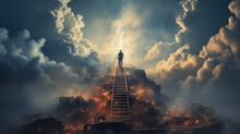 Ascending Heights: Person Confidently Climbing A Ladder Extending To The Sky And Clouds