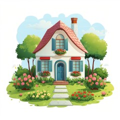 Poster - A delightful miniature house with vibrant shutters and a well-kept garden path. Generative AI