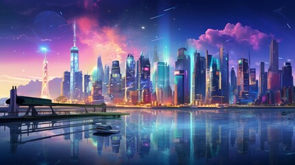 Aufkleber - A digital painting of a city skyline filled with holographic projections, advanced AI systems, and sustainable infrastructure set against a vibrant atmosphere. photorealistic Generative AI