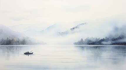 Poster - A serene, fog-covered lake with a lone boat drifting landscape watercolor Generative AI