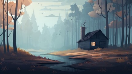 Aufkleber - A serene, mist-covered forest with a wooden cabin. vector cartoon graphic Generative AI