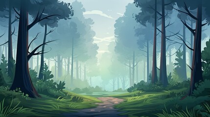 Poster - A serene, mist-covered forest with tall trees and a hidden path. vector cartoon graphic Generative AI