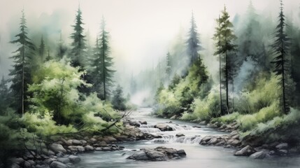 Poster - A serene river winding through a dense, foggy forest. landscape watercolor Generative AI