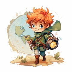 Aufkleber - A small fairy tale adventurer with a map and compass, on a quest for treasures. flat, fairy tale, cartoon, cute, white background Generative AI