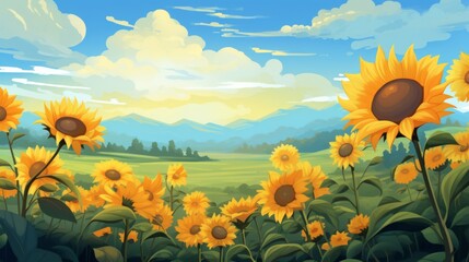 Aufkleber - A tranquil, misty morning in a field of sunflowers. vector cartoon graphic Generative AI