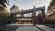Modern minimalist private black house decorated with stone tiles cladding. Residential architecture cubic design exterior