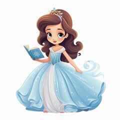 Aufkleber - An adorable little fairy tale princess in a flowing gown, holding a tiny enchanted book. vector, flat, fairy tale, cartoon, cute, white background Generative AI