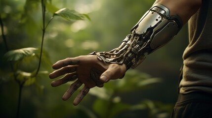 Poster - An image portraying the emotional aspect of bionic prostheses, focusing on a person's joy and newfound abilities with their advanced artificial limb. Generative AI