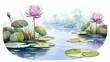 serene lake scene, incorporating ecological elements like lotus flowers and lily pads in a cottagepunk-inspired design Generative AI