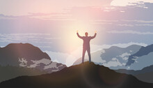 A Businessman Stands On A High Mountain With His Hands Raised In Pride Of A Successful Business. Business Or Success Concept Vector Illustration.
