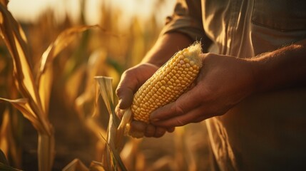 Poster - Close-up shot focusing on the hands of a farmer picking ripe corn cobs during the harvest season in a picturesque cornfield. Generative AI
