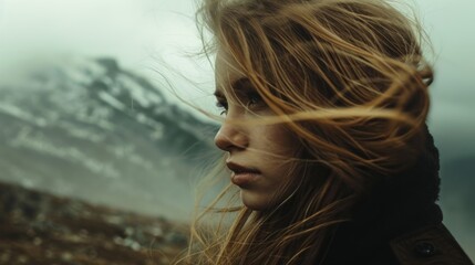 Poster - Conceptual image capturing a girl's close-up in the mountains, her hair gently blowing in the mountain winds against the picturesque backdrop Generative AI