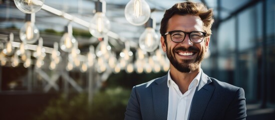 Poster - Smiling businessman in glasses standing by solar panels