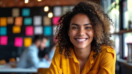 Poster - woman in a creative office, smiling joyfully while brainstorming ideas with a team in a collaborative space Generative AI