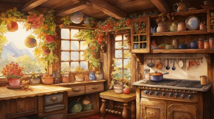 Poster - Cottagepunk-inspired watercolor painting featuring a quaint kitchen adorned with maple syrup-themed decorations and textiles. --ar 16:9 --v 5.2 Job ID: a40c6c84-e780-4a08-bee3-8c5edab0e954 Generative 