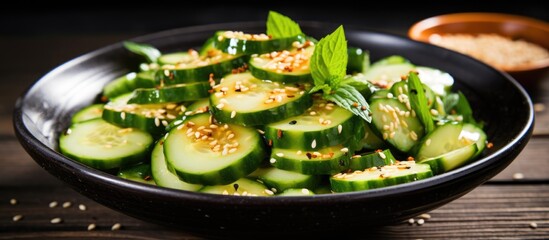 Wall Mural - Japanese cucumber salad served in a black bowl on a concrete table, dressed with soy sauce, rice vinegar, sesame oil, and sugar.