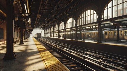 Leinwandbilder - Detailed view of a train station, tracks, platforms, passengers, architectural details, realistic atmosphere, photorealistic style Generative AI