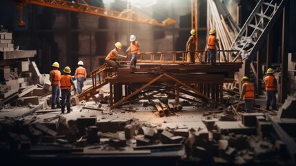 Poster - Group photograph of builders working together, teamwork evident, construction equipment and materials in use Generative AI