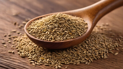 Wall Mural - Cumin seeds or caraway in white spoon on wooden board