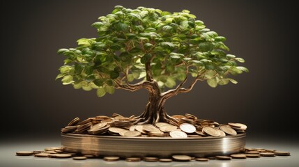 Aufkleber - Hyper-realistic scene presenting a tree on a white background symbolizing the potency of capital growth positioned next to a coin. Lifelike and detailed representation illustrating the intertwining of