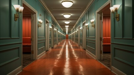 Aufkleber - Hotel Passage with Room Doors Generative AI