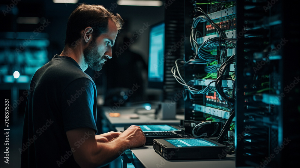 Enginner Server Pc men engineering computer and server room, data center and portrait for ...