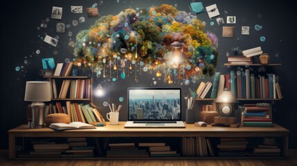 Aufkleber - Library table adorned with books and a laptop, representing the synergy between education technology and e-learning Generative AI