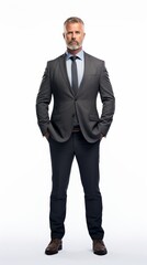 Poster - Middle-aged male businessman in a suit, slight smile, hands in pockets, standing tall against a plain white background Generative AI