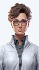 Poster - Middle-aged female scientist in a lab, wearing protective gear, subtle smile, in full stature against a white background Generative AI