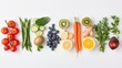 The image displays an assortment of fruits and vegetables on a light background, including tomatoes, an orange, green beans, herbs, kiwis, a large leaf, ginger, beetroot, a carrot, blueberries, a lemo