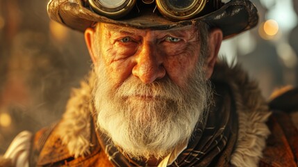 Poster - Photo concept of an older post-apocalypse individual in steampunk clothing, radiating happiness and contentment despite challenges Generative AI