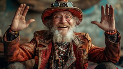 Aufkleber - Photo concept of an older post-apocalypse individual in steampunk clothing, radiating happiness and contentment despite challenges Generative AI