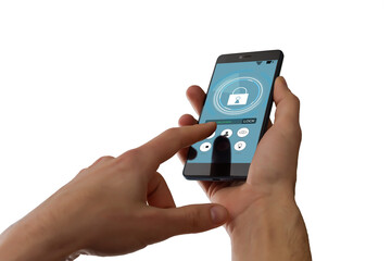 Poster - isolated woman hand holding the phone with system smart house