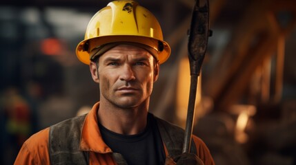 Poster - Portrait of a builder with a shovel, ready for groundwork, construction materials and tools in the background Generative AI
