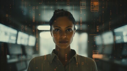 Poster - portrait of a female stockbroker analyzing financial reports, conducting research in an office setti