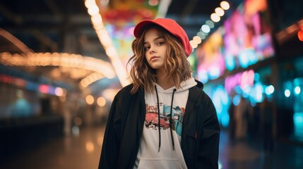 Poster - Portrait of a young girl, street fashion Generative AI