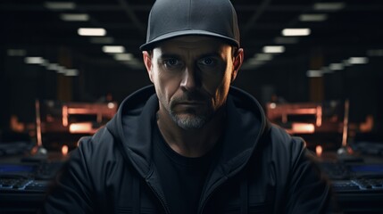 Poster - Portrait of an auto mechanic with a laptop, conducting diagnostics, using technology for vehicle analysis in a workshop Generative AI