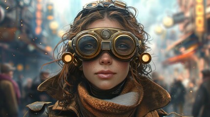 Aufkleber - Realistic depiction of a post-apocalypse person wearing steampunk fashion, expressing joy and optimism despite challenges Generative AI
