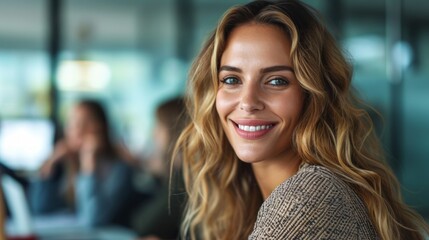 Aufkleber - Realistic depiction of a woman in a corporate office environment, smiling confidently during a discussion in a meeting room Generative AI