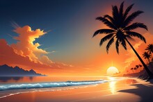 Vector Beach Scene With Sunset, Palm Sunday, Generated AI