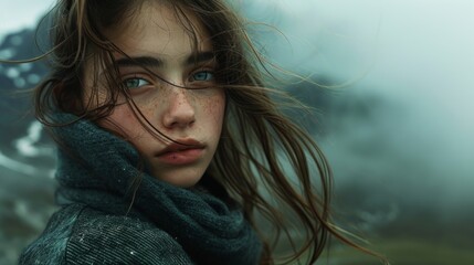 Poster - Realistic portrayal of a close-up of a girl in the mountains, hair blowing in the wind, capturing a moment of tranquility amidst the scenic vista 