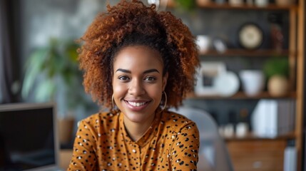 Poster - portrayal of a woman in a home office setup, sitting at a desk, smiling contently while engaging in a video meeting 