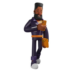 Wall Mural - 3D illustration. 3D Cartoon Image of Bearded Man Character holding a cell phone. carrying a wallet in hand. showing a cute smiling expression. 3D Cartoon Character