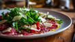 Delicious Beef Carpaccio with Shredded Cheese and Rucola