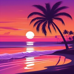 Wall Mural - vector beach scene with sunset, palm sunday, Generated AI