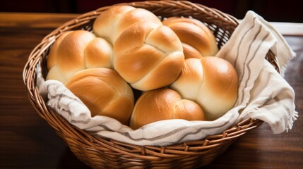Poster - Soft and fluffy dinner rolls arranged in a woven basket, perfect for a family gathering Generative AI