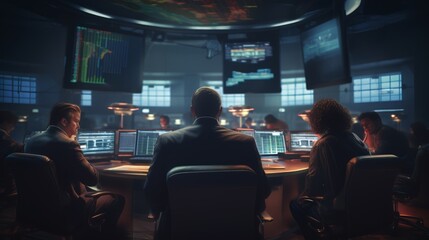 Poster - stock exchange trading floor with stockbrokers interacting, making deals, and communicating on the p