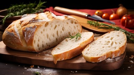 Poster - Traditional Italian ciabatta loaves with irregular holes and a crisp crust, ideal for sandwiches Generative AI