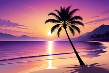 Vector Beach Scene With Sunset, Palm Sunday, Generated AI