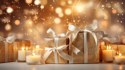 Poster - Ultra-realistic portrayal capturing the allure of white and gold Christmas presents arranged atop an empty table, complemented by enchanting blurred bokeh lights. Elegant and festive atmosphere, refin